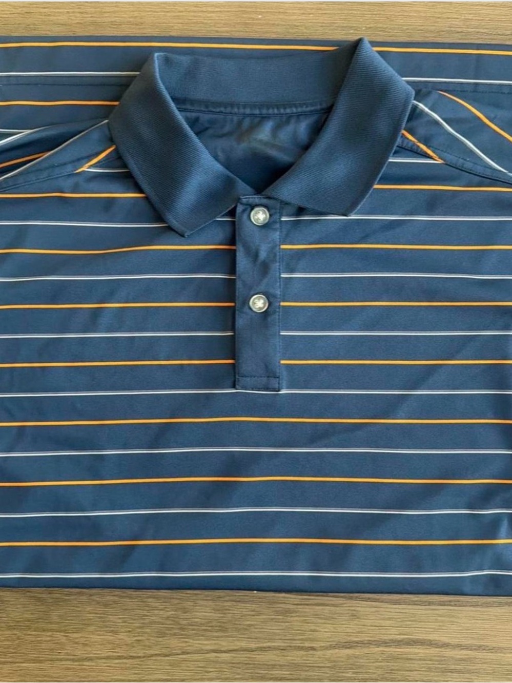 Used Callaway Men's Navy Striped Polo Shirt with Orange Accents
Size XL